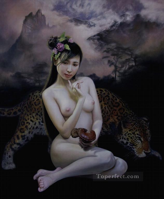 武山の女神と虎の中国人少女のヌード油絵
